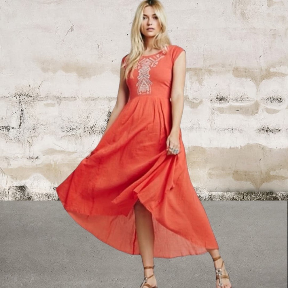 Free People Toosaloosa Slub Meadows Embroidered Midi Dress-XS